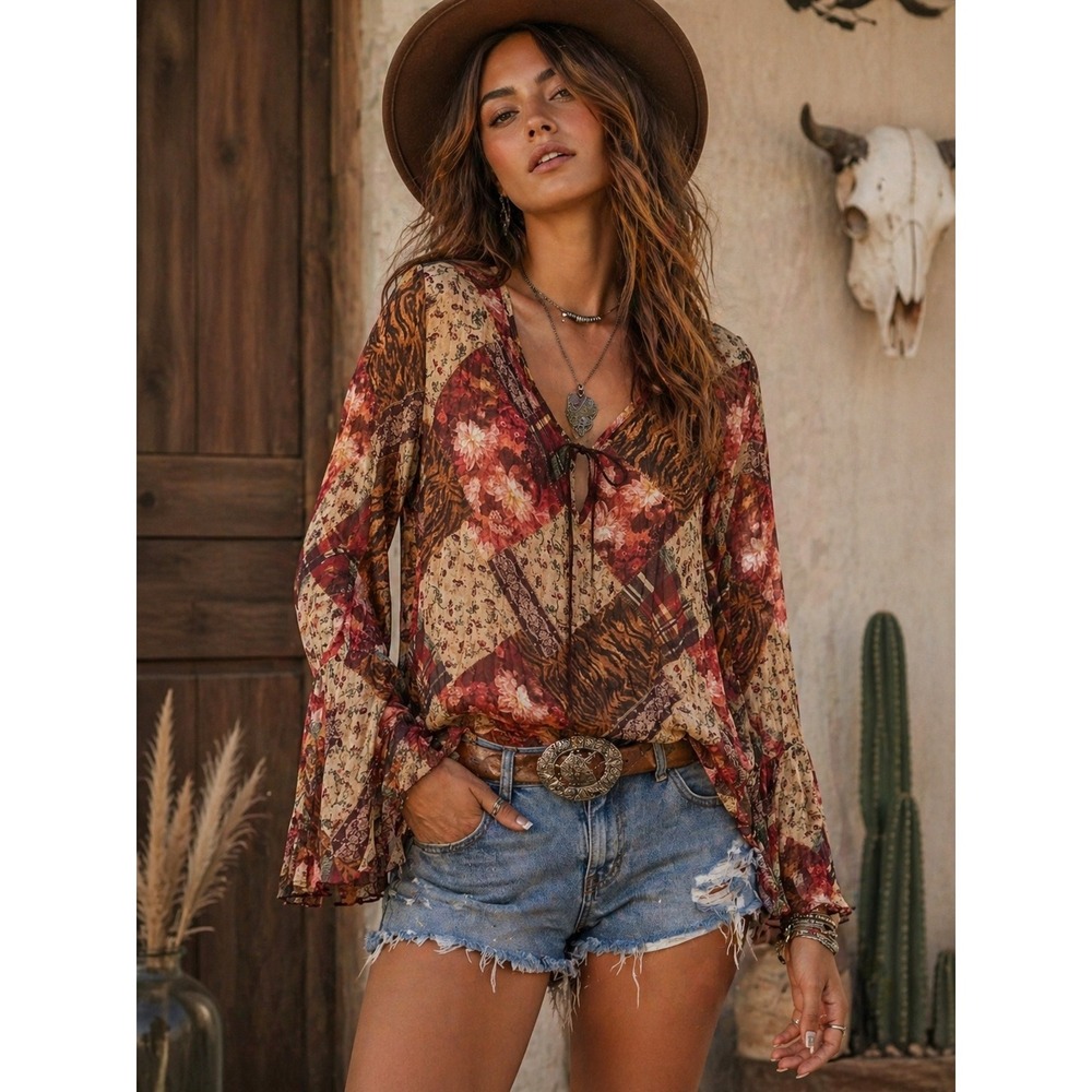 VTG Boho Western Floral Patchwork Womens Top Large Red Orange Abstract Crinkle